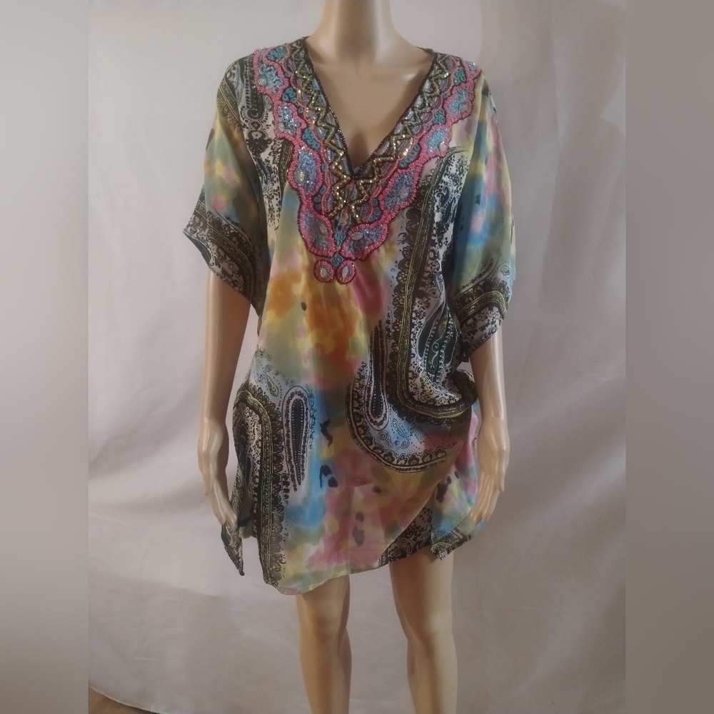Lucky & Coco Boho Paisley Kaftan Dress Large Colorful Beach Cover Up